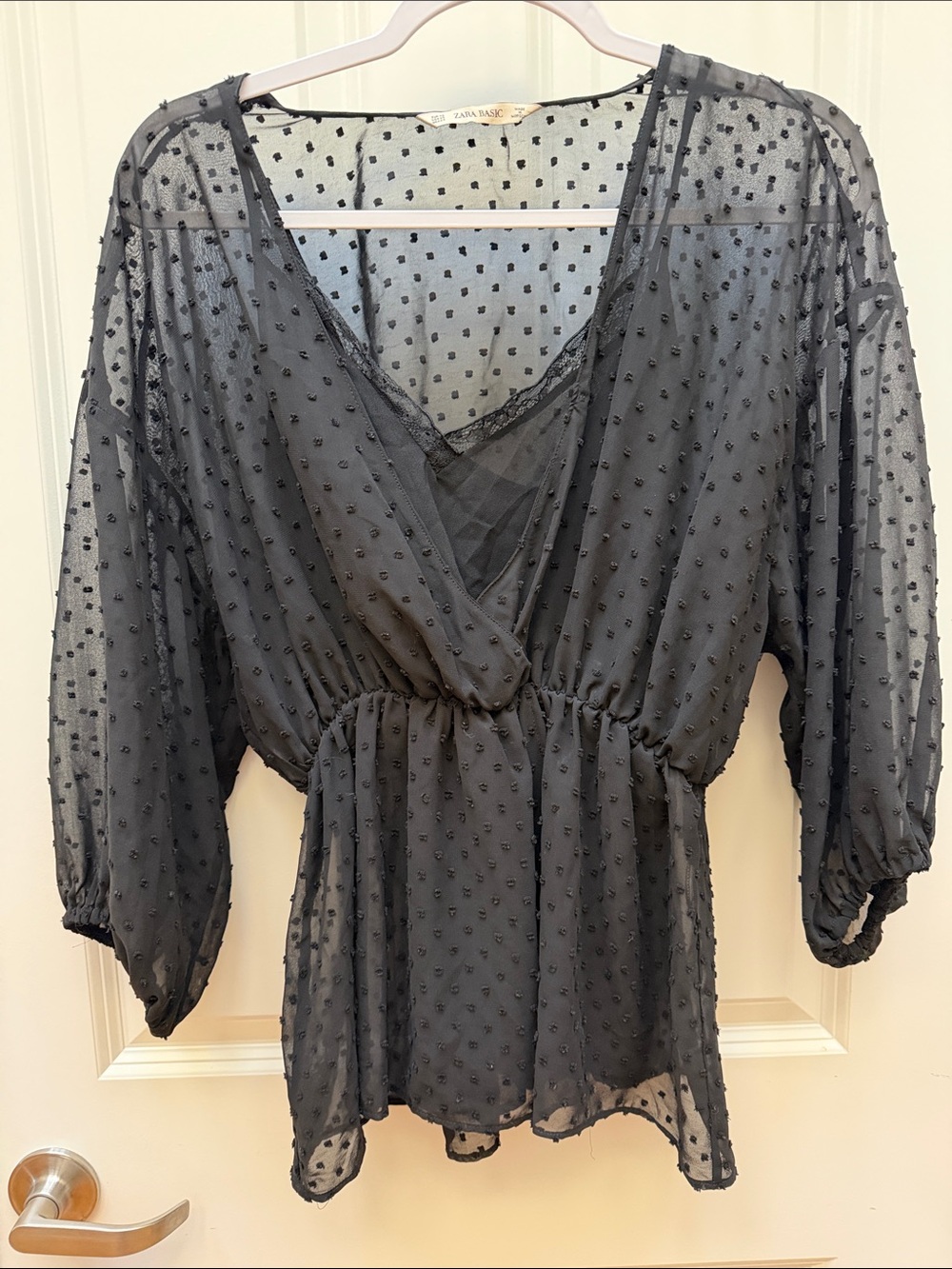 Zara Black Sheer Dot-Texture V-Neck Blouse